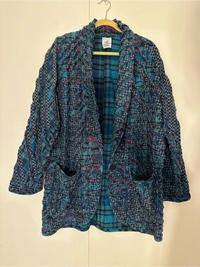 Vintage Maralyce Ferree Art To Wear Plaid Jacket Braided Ribbon Slouchy